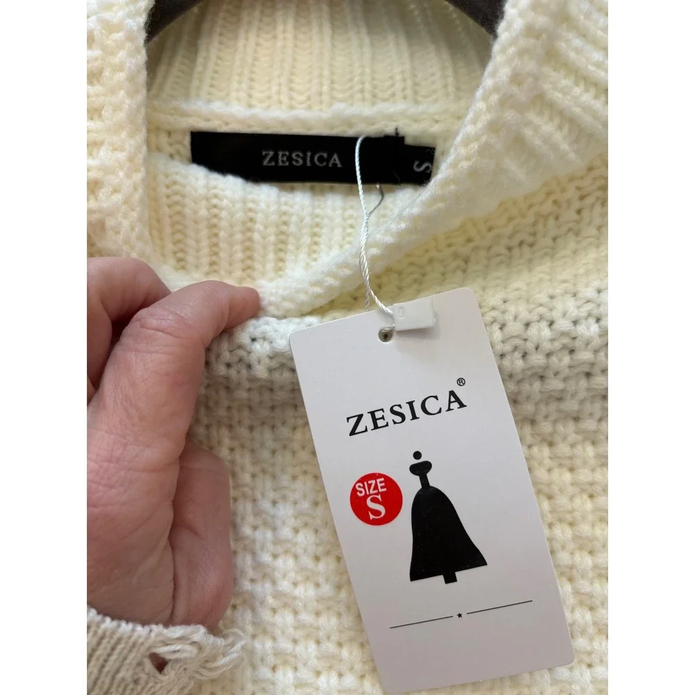 ZESICA Womens Cream Textured Chunky Knit Mock Neck Oversized Sweater Small NEW - Picture 4 of 5